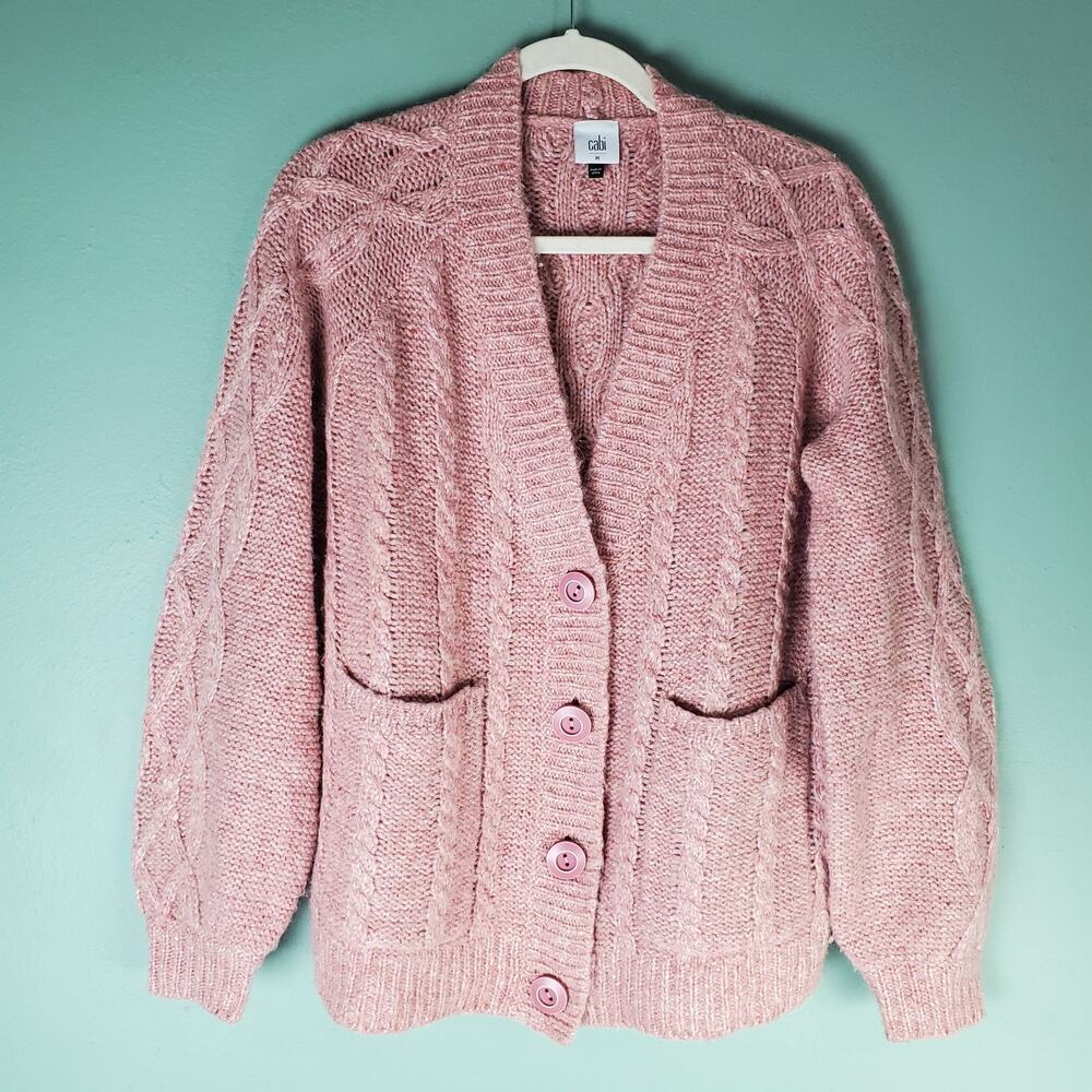 Cabi Pink Confection Cardigan Cable Knit Balloon Sleeve Sweater Size Medium